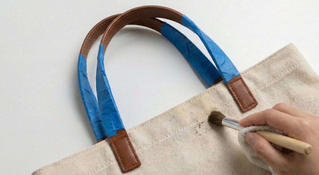 革部分の持ち手にマスキングテープをする様子