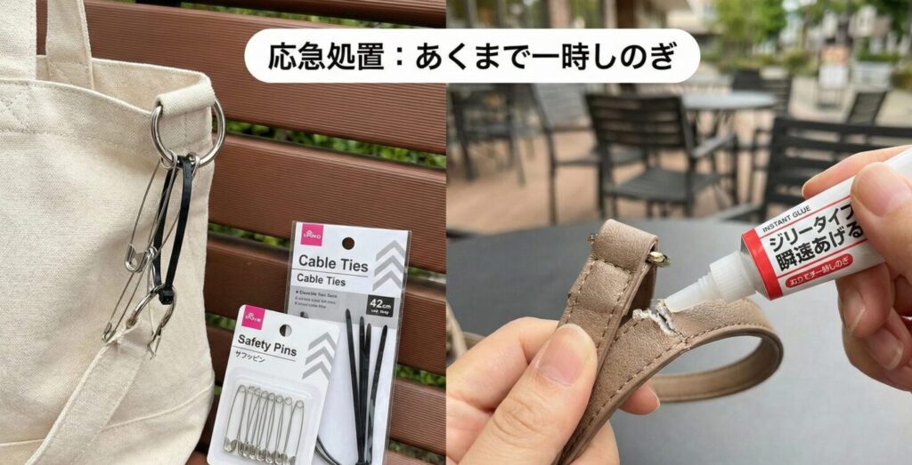 バッグの紐が切れた時の直し方は？手縫い修理や100均グッズ活用法　接着剤を付ける、安全ピンや結束バンドで応急処置をする様子