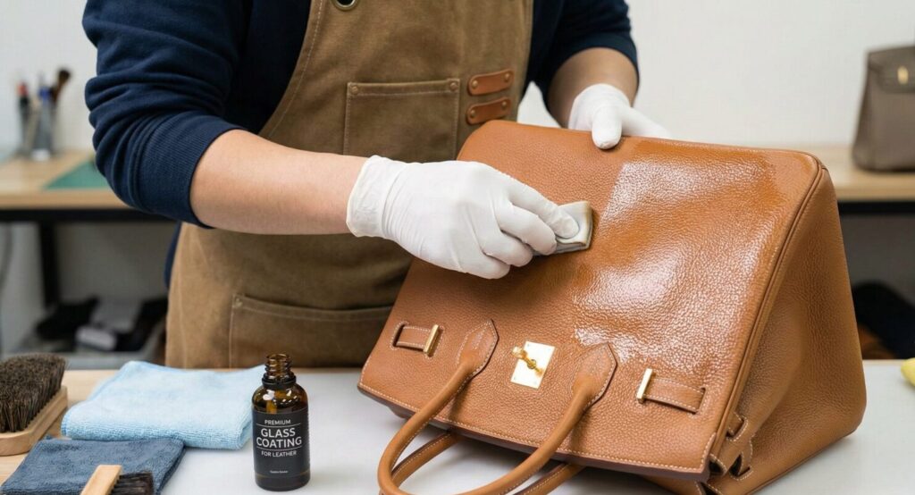 バッグにガラスコーティングを施す様子