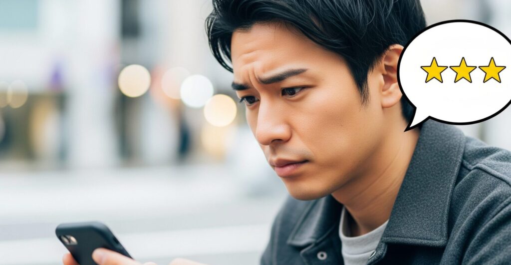 ビジネスバッグの口コミを見る男性