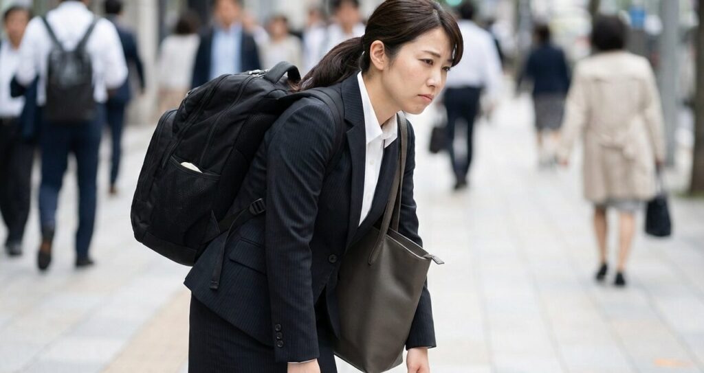 出張中、重い荷物を背負って歩くストレスを抱える女性