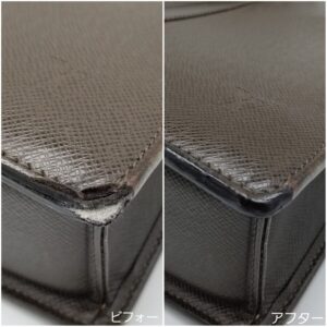 プロの修理技術 ビフォーアフター（革の角擦れ）